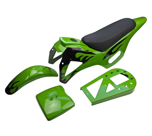 PLASTIKI OWIEWKI KPL. SIEDZENIE POCKET BIKE, MINI CROSS, DIRT BIKE - ZIELONE PŁOMIENIE