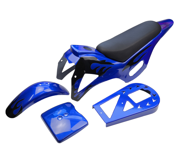 PLASTIKI OWIEWKI KPL. SIEDZENIE POCKET BIKE, MINI CROSS, DIRT BIKE - NIEBIESKIE PŁOMIENIE